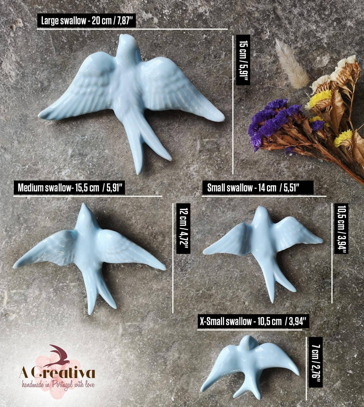Ensemble de 3 hirondelles bleues en céramique portugaise