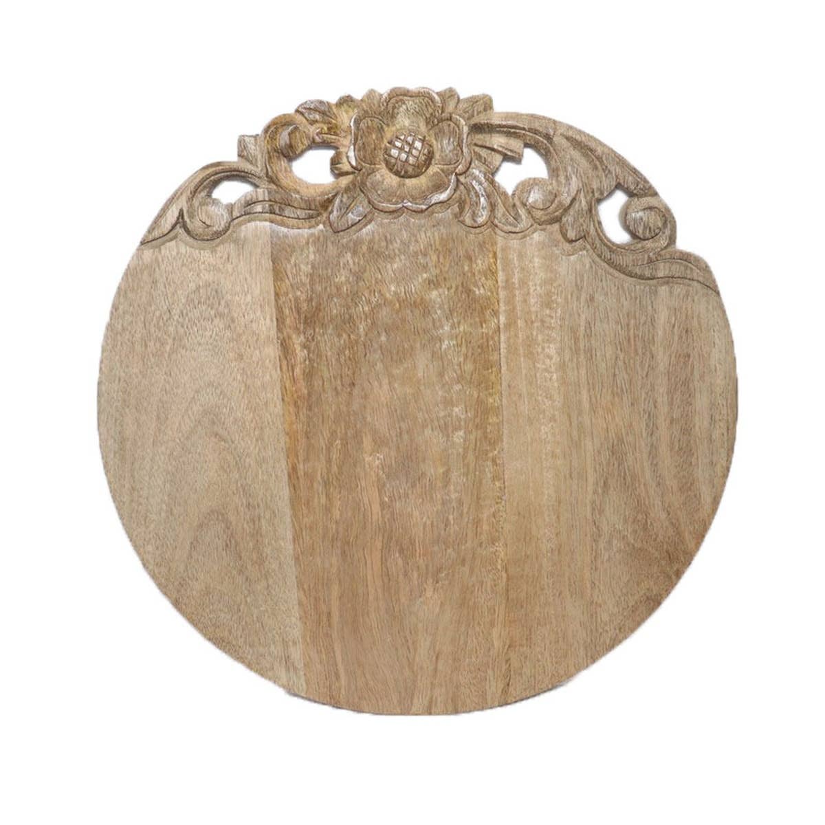 Planche ronde en bois sculpté – fleurs décoratives (36 cm)