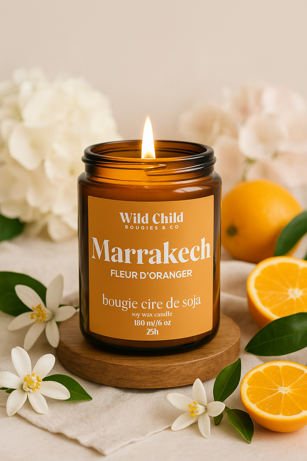 bougie marrakech fleur d’oranger en cire de soja dans un verre ambré avec boîte kraft