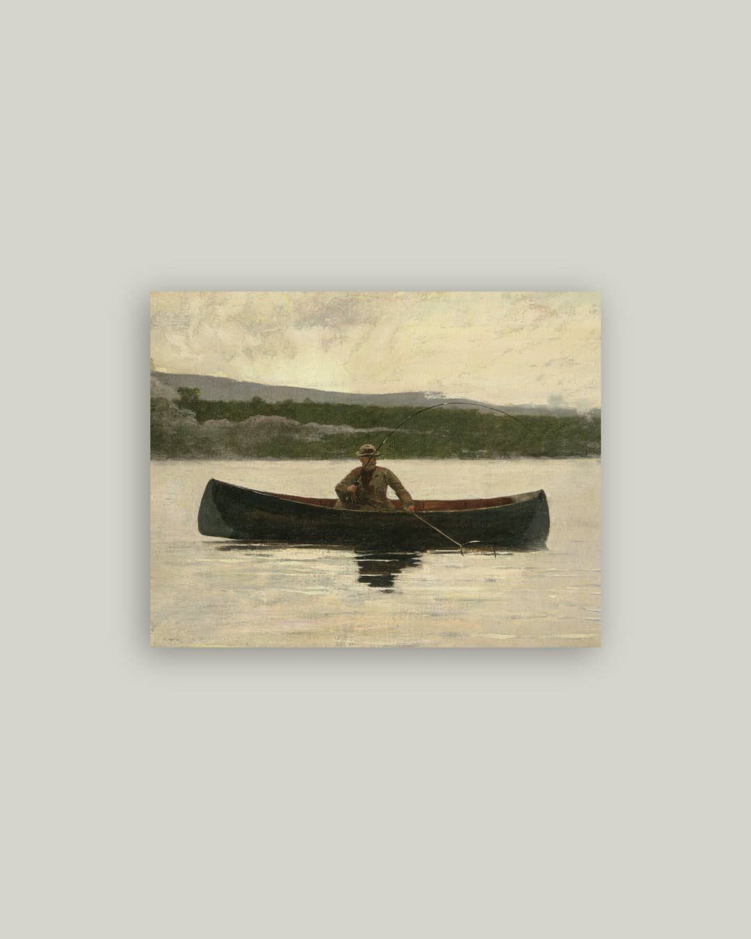 impression sur toile, reproduction d'un pêcheur dans une barque sur un lac
