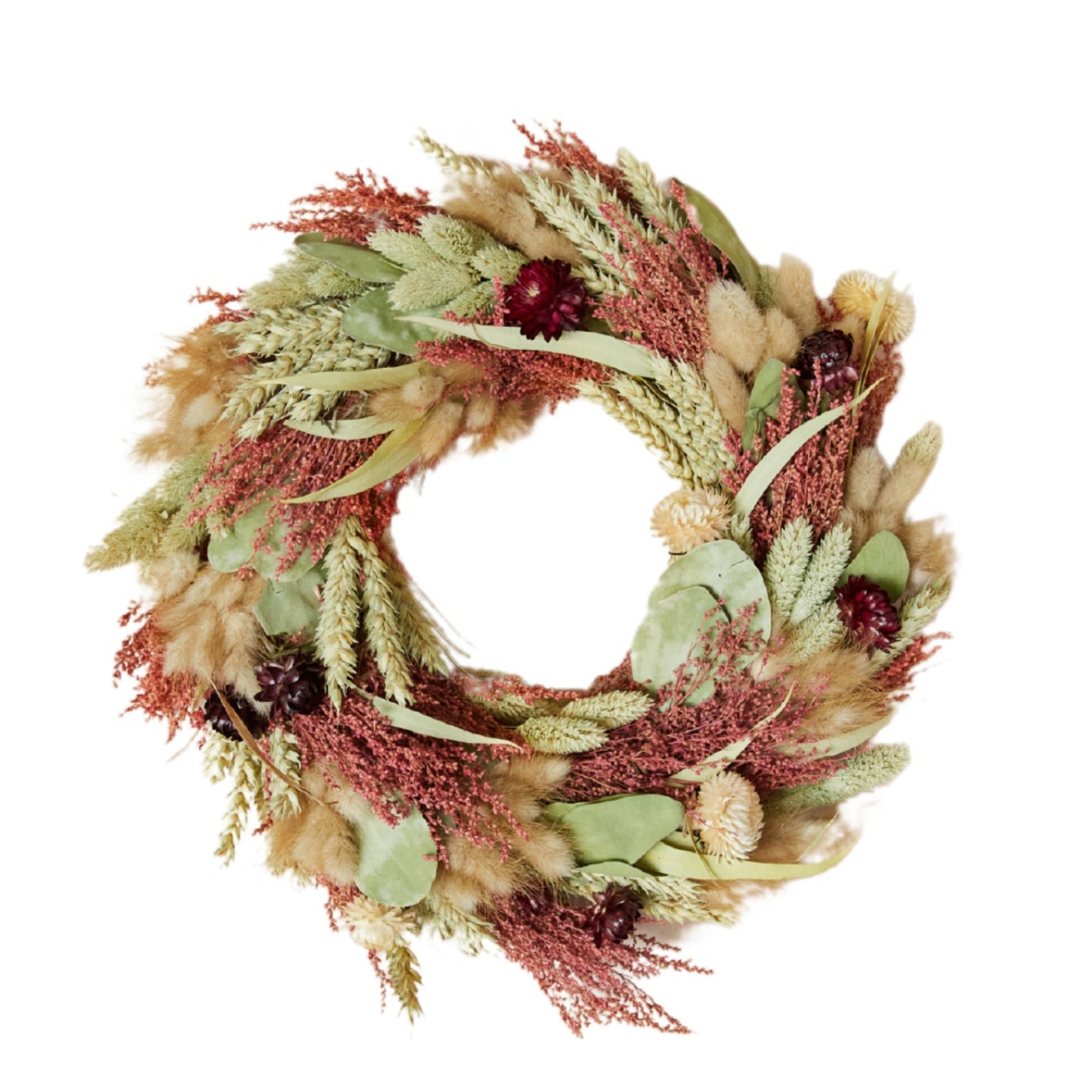 couronne de fleurs séchées tons de vert rose et crème
