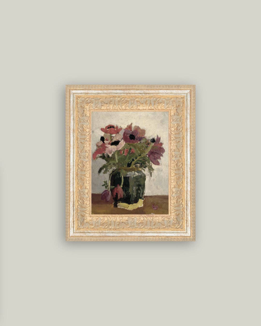 Reproduction d’art Les Anémones, vase vert et fleurs rouges et roses, toile encadrée dorée, nature morte poétique Madame Beaumont.