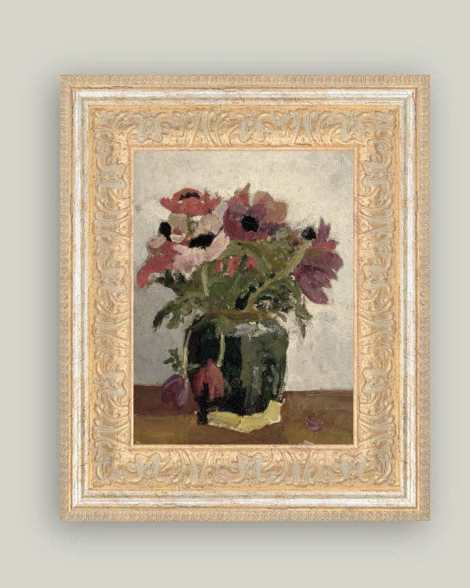 Reproduction d’art Les Anémones, vase vert et fleurs rouges et roses, toile encadrée dorée, nature morte poétique Madame Beaumont.