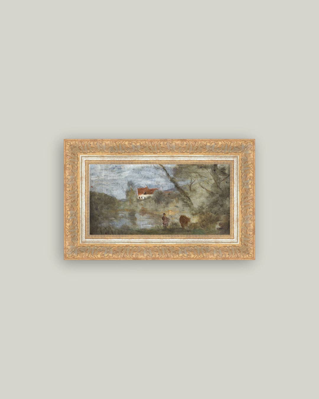 Tableau Paysage au bord de l’eau de Jean-Baptiste Corot, reproduction sur toile encadrée, scène champêtre et douce Madame Beaumont.