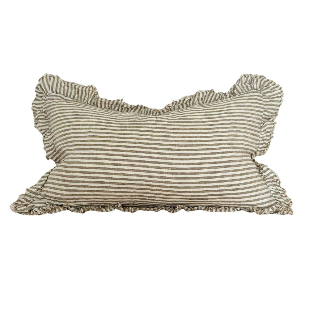 Housse de coussin en lin avec volants 50 x 30 cm - Rayure olive