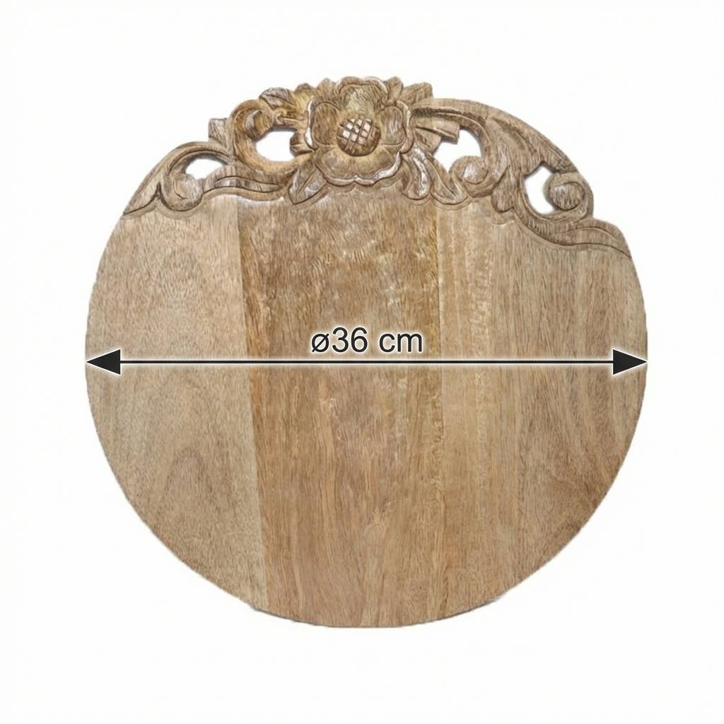 Planche ronde en bois sculpté – fleurs décoratives (36 cm)