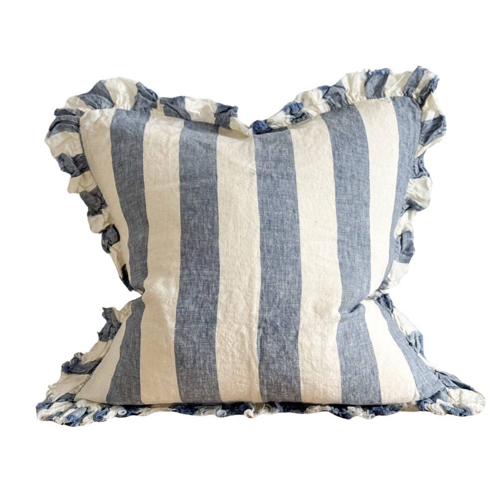 Housse de coussin rayée bleu et crème en lin - 50x30