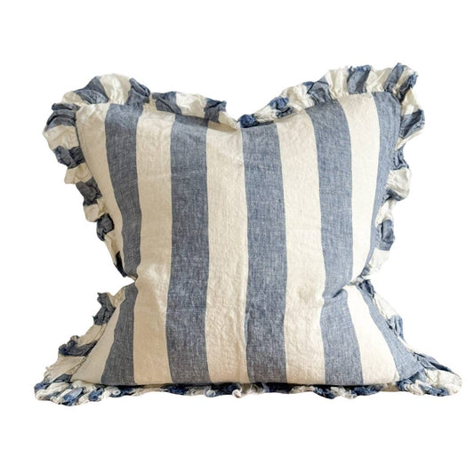 Housse de coussin rayée bleu et crème en lin - 50x30