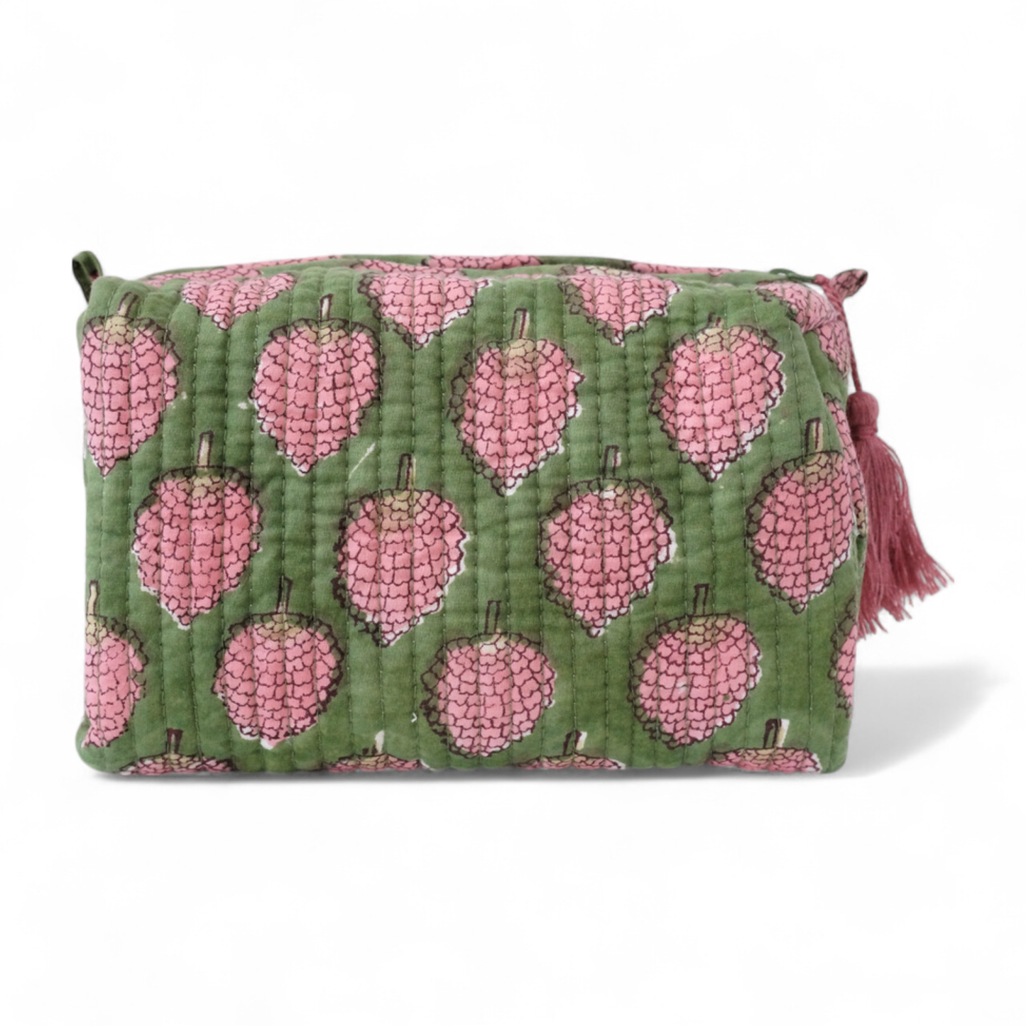 Trousse de toilette en coton block print vert et rose