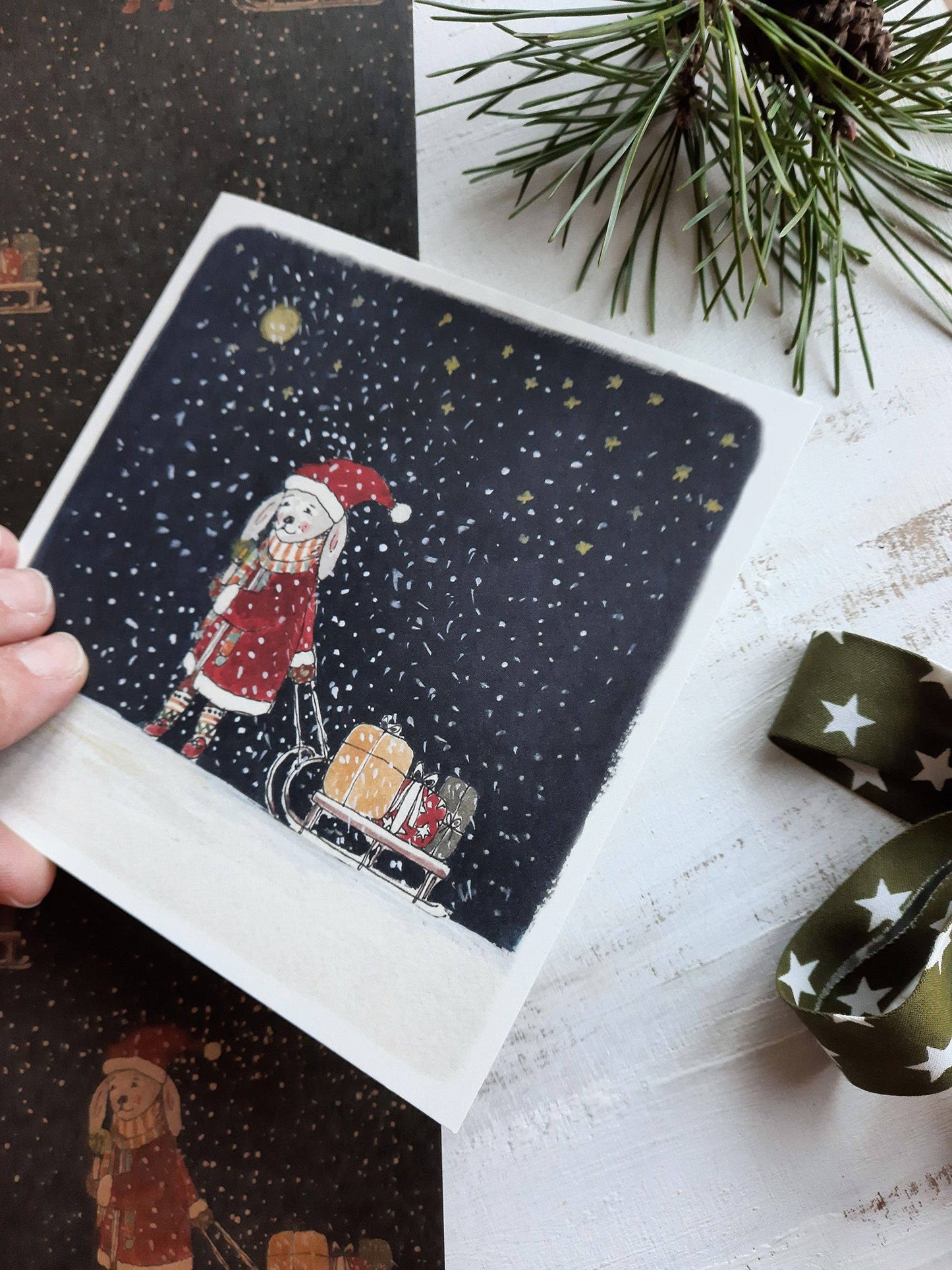 Carte “Lapin sous la Nuit d’Hiver” – Aquarelle