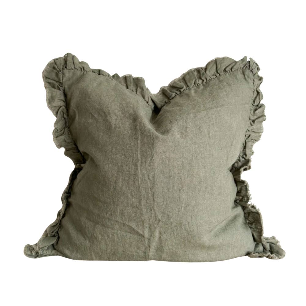 Housse de coussin en lin kaki à volants | 45 × 45 cm