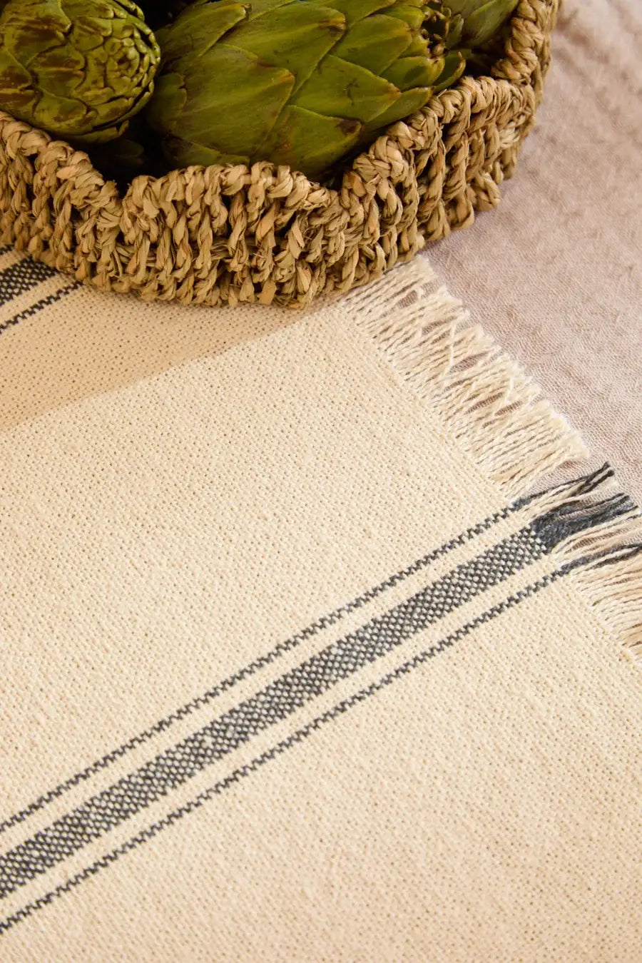 Set de Table Rayé — Coton Épais & Finition Frangée