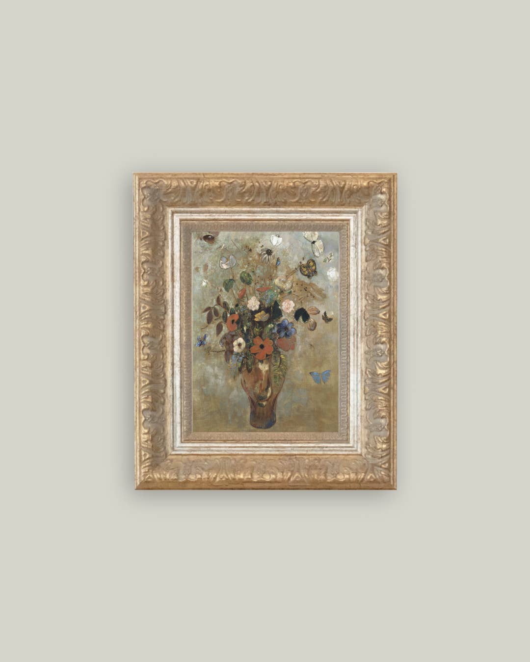 Tableau ancien encadré Vase de fleurs et papillons