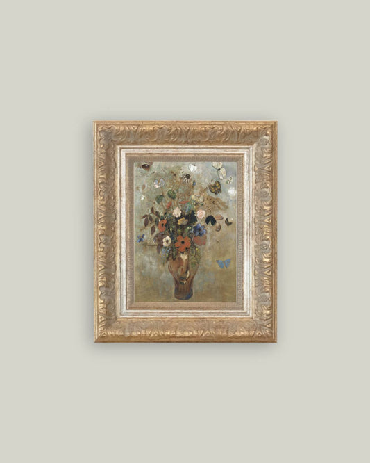 Tableau ancien encadré Vase de fleurs et papillons