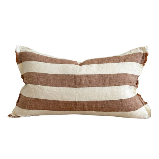 Coussin larges rayures en lin crème et rouille | 50 × 30 cm