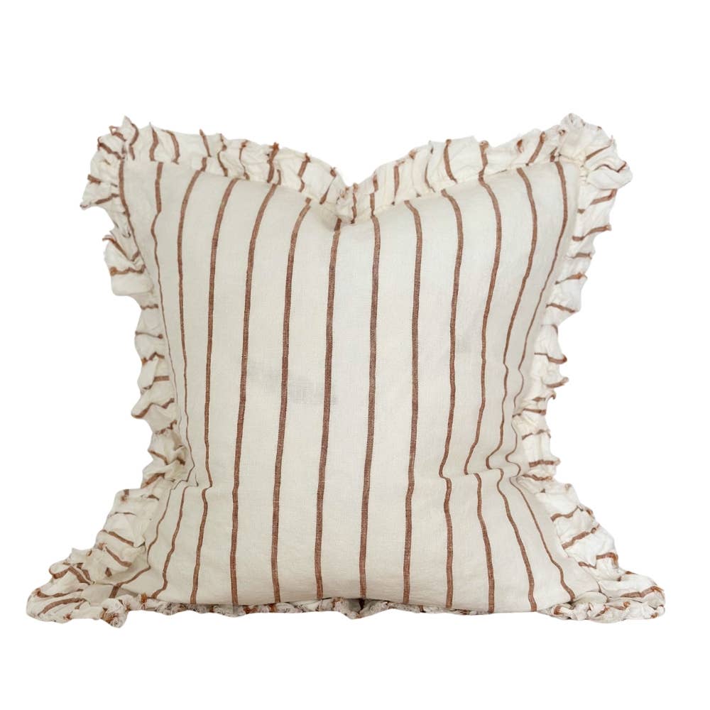 Housse de coussin en lin à rayures marron et crème avec volants
