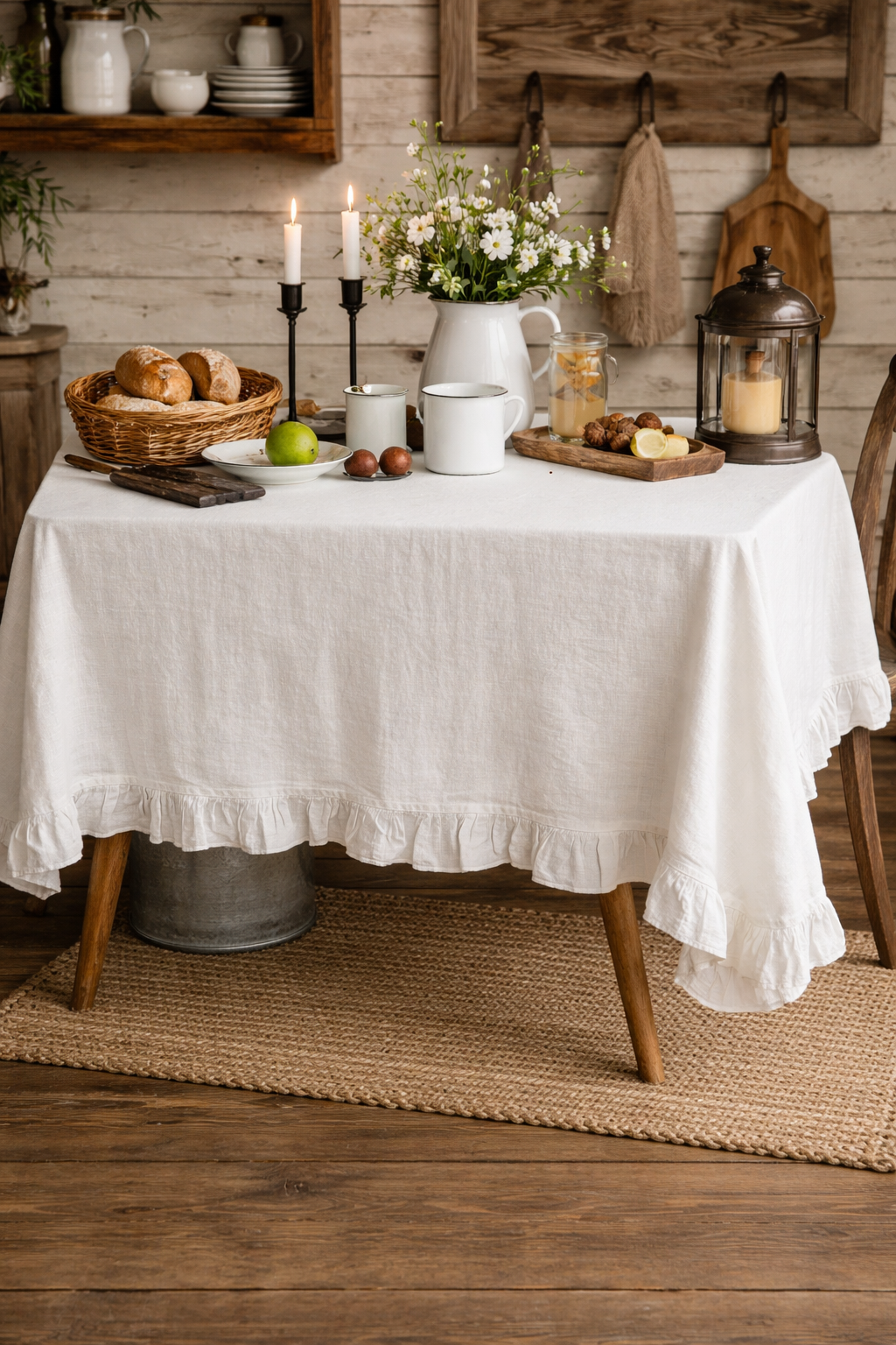 Nappe française en coton blanc à volants