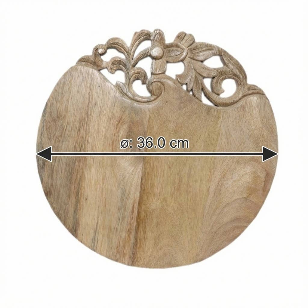 Planche ronde en bois sculpté – fleurs (36 cm)