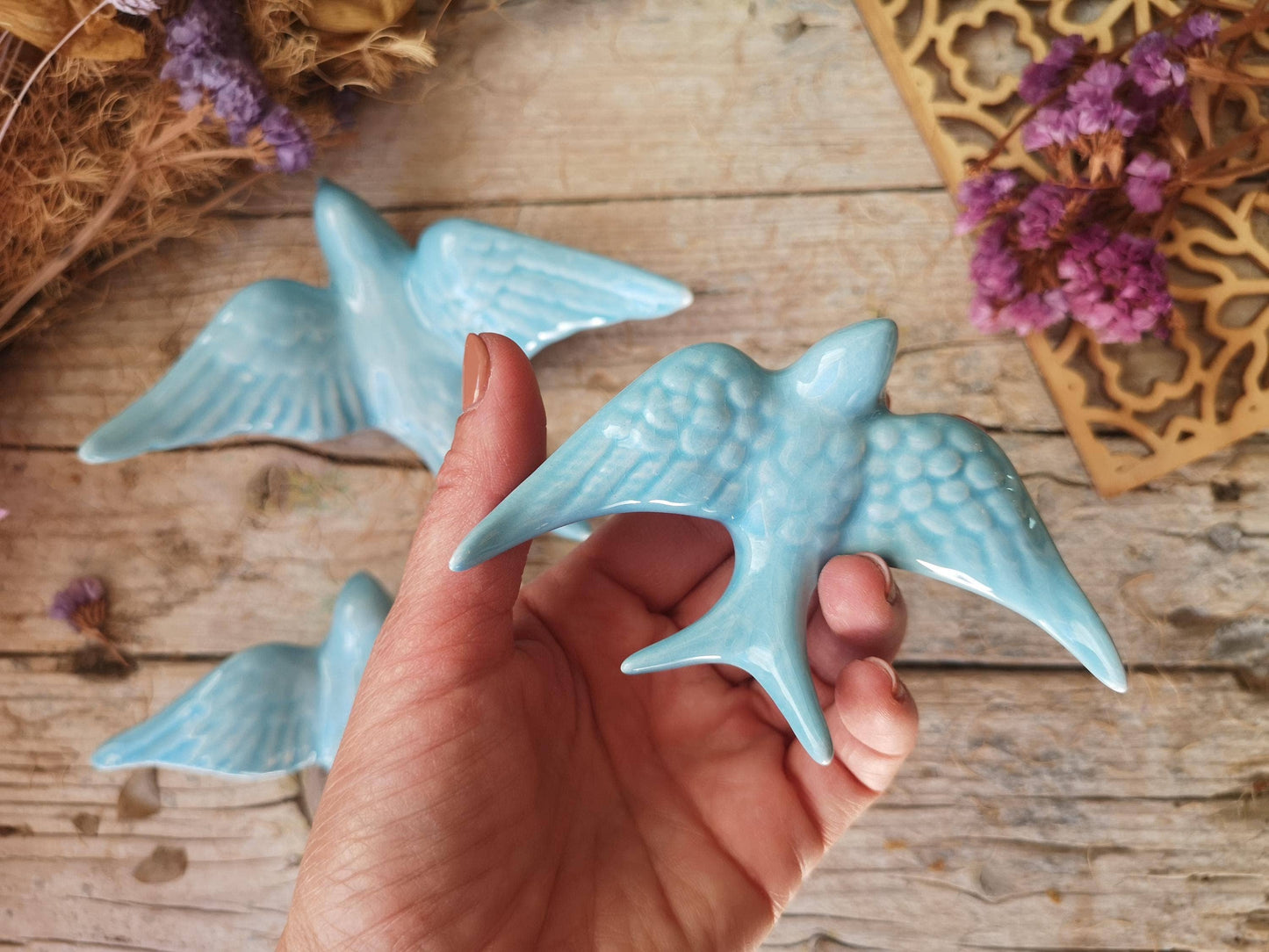 Ensemble de 3 hirondelles bleues en céramique portugaise