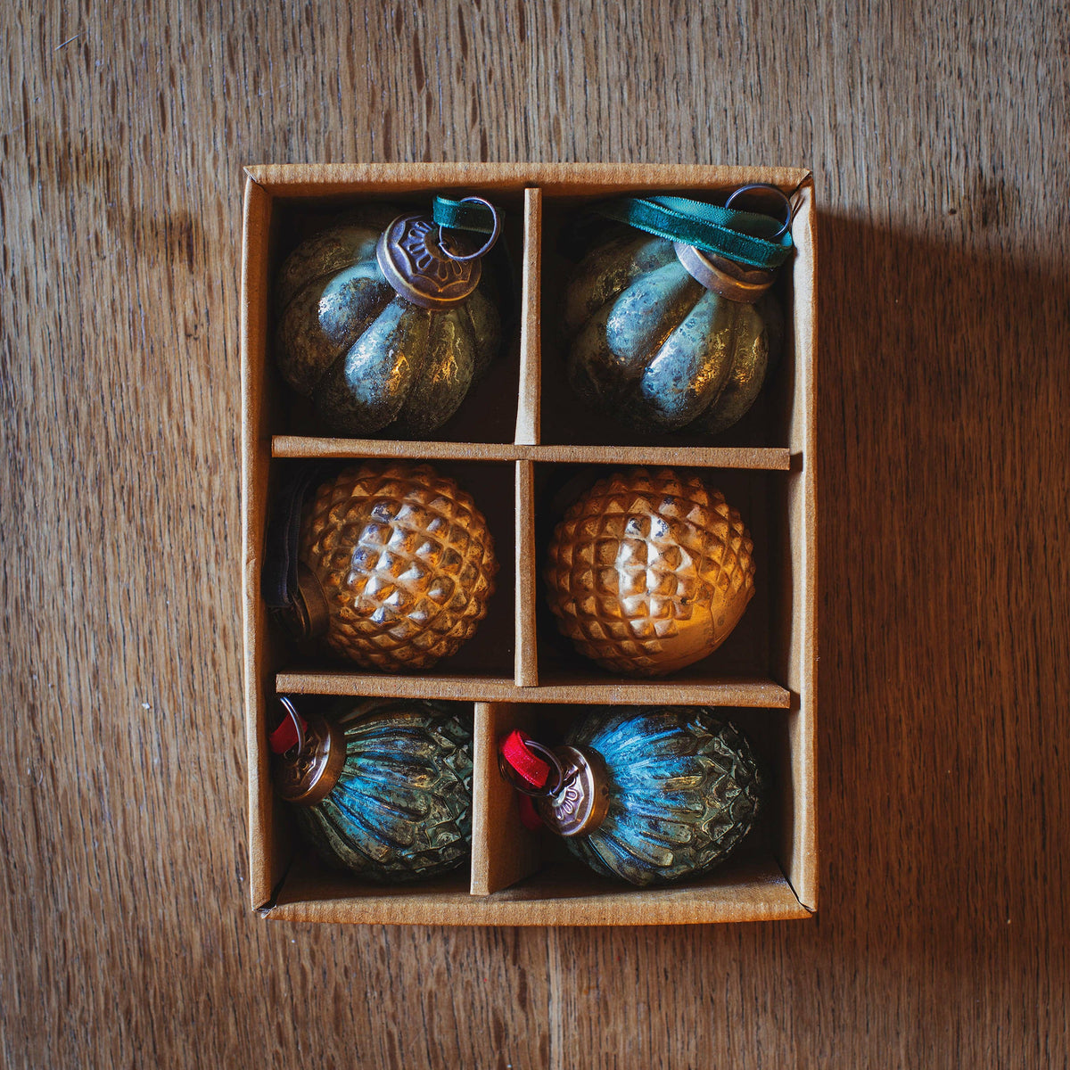 Coffret de 6 décorations de Noël en verre – Tons anciens