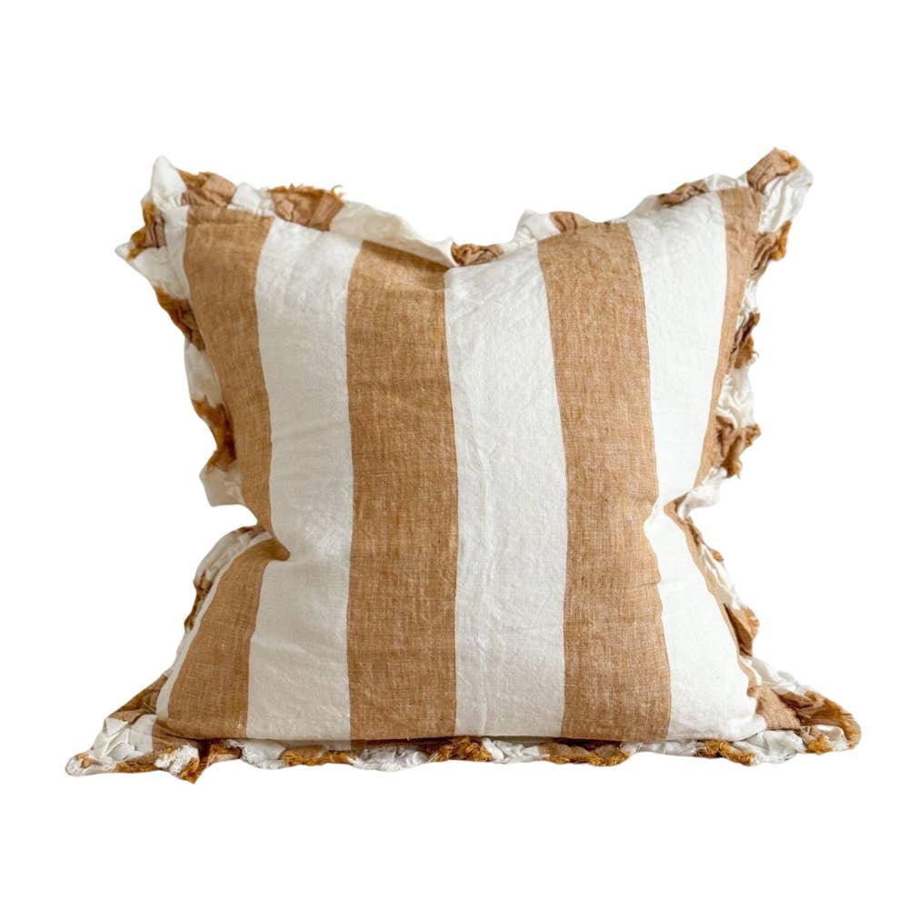 Housse de coussin en lin à volants – Large rayure moutarde