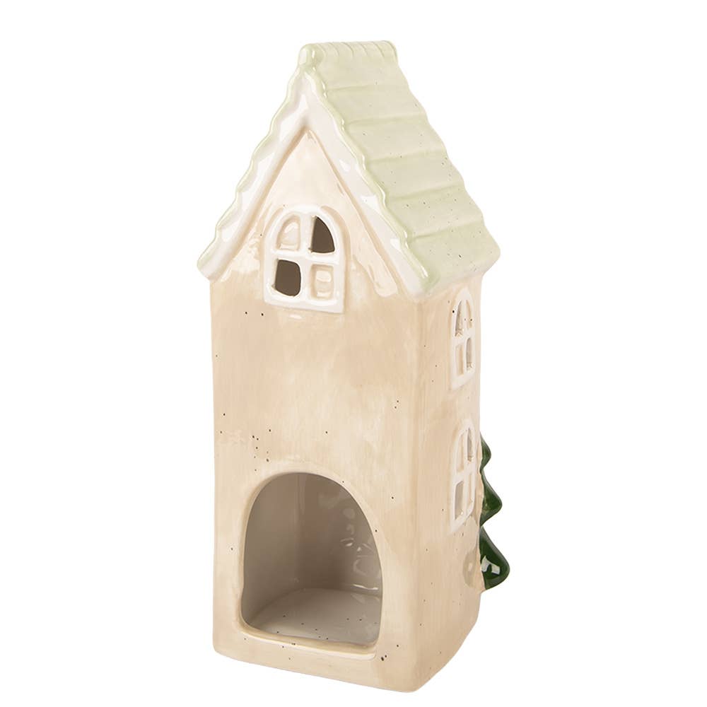 Photophore Maison de Nöel en céramique beige – 20 cm