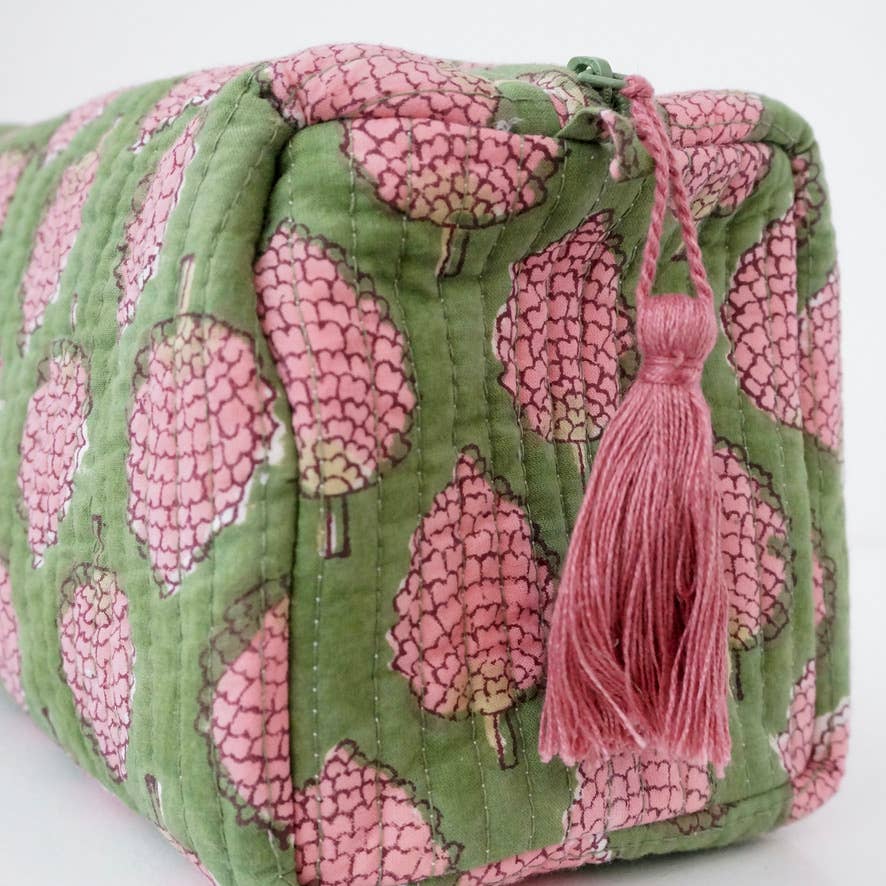 Trousse de toilette en coton block print vert et rose