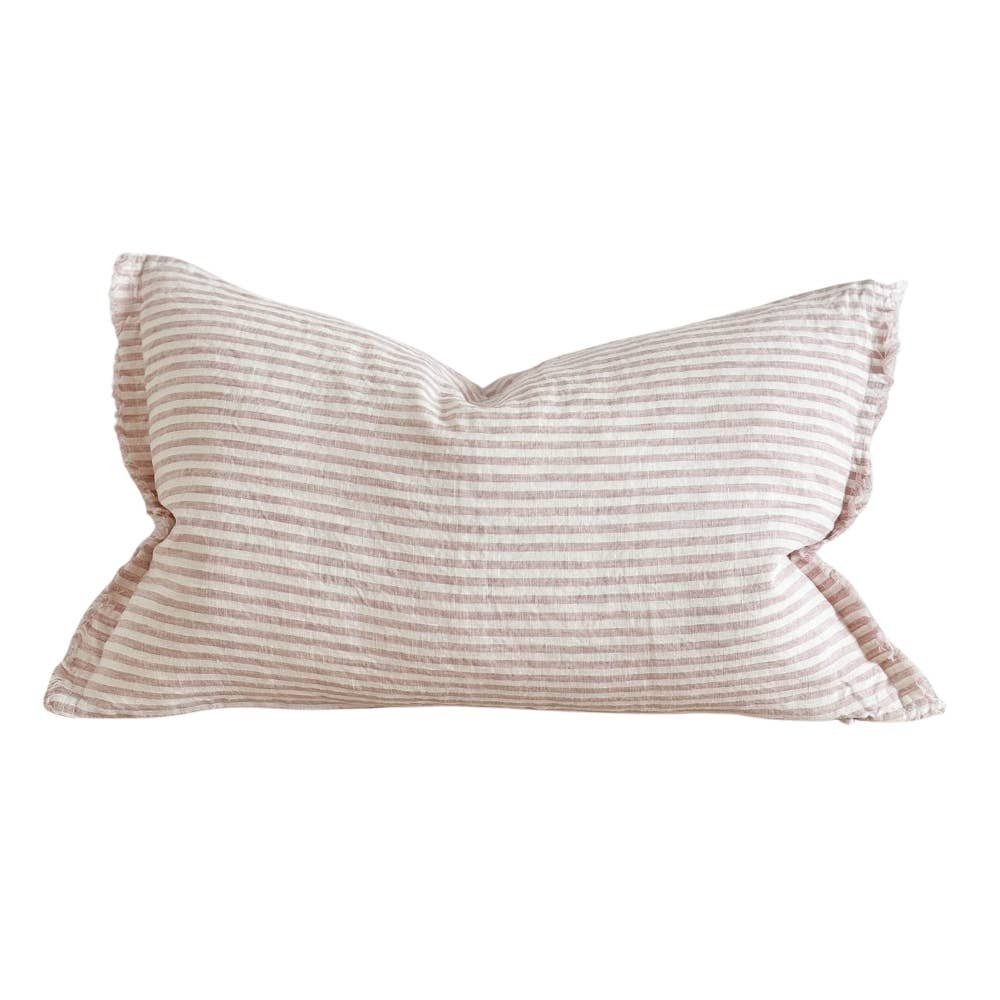 Housse de coussin en lin à franges 50 x 30 cm – Rayures rose et crème