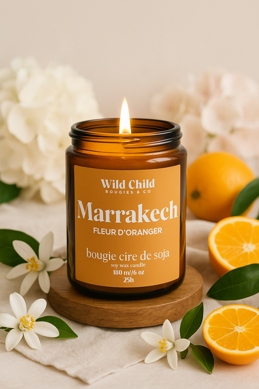 bougie marrakech fleur d’oranger en cire de soja dans un verre ambré avec boîte kraft