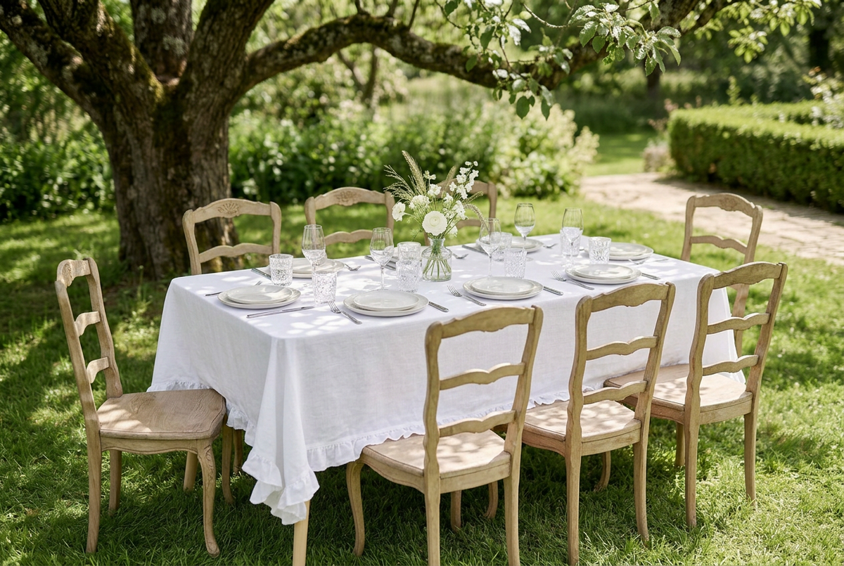 nappe en coton blanc avec bordures en volants. 8 couverts, 305cm de long