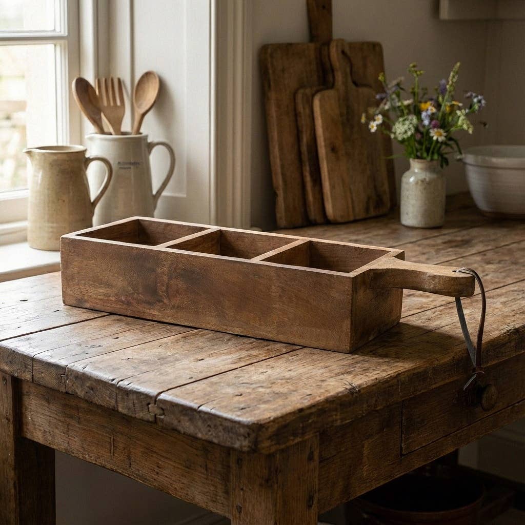 Plateau compartimenté dans une cuisine, posé sur une table en bois,  devant une fenêtre. Style campagne chic. Des planches à découper derrière et pots avec fleurs et ustensiles de cuisine