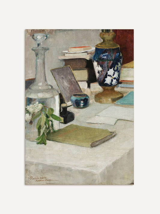 reproduction art nature morte 1894 Pekka Halonen bouteille livres vase post impressionnisme