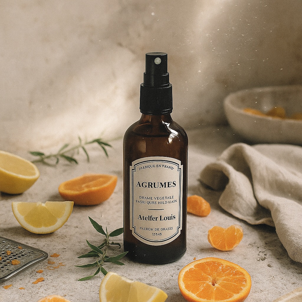 Parfum d’intérieur aux agrumes fabriqué artisanalement en France, au design sobre et élégant.