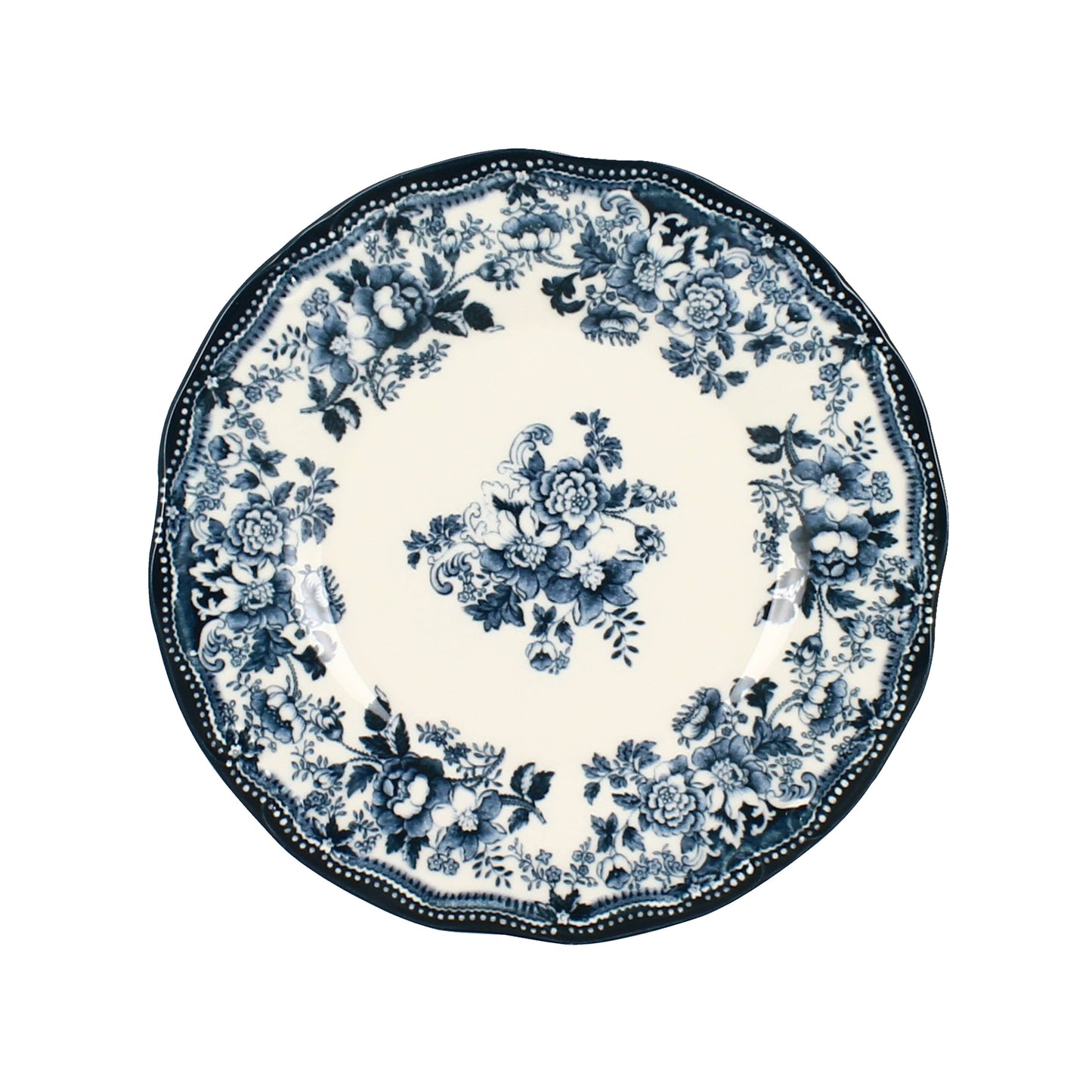 Assiette vintage fleurie bleue style campagne chic, décoration de table élégante Madame Beaumont.