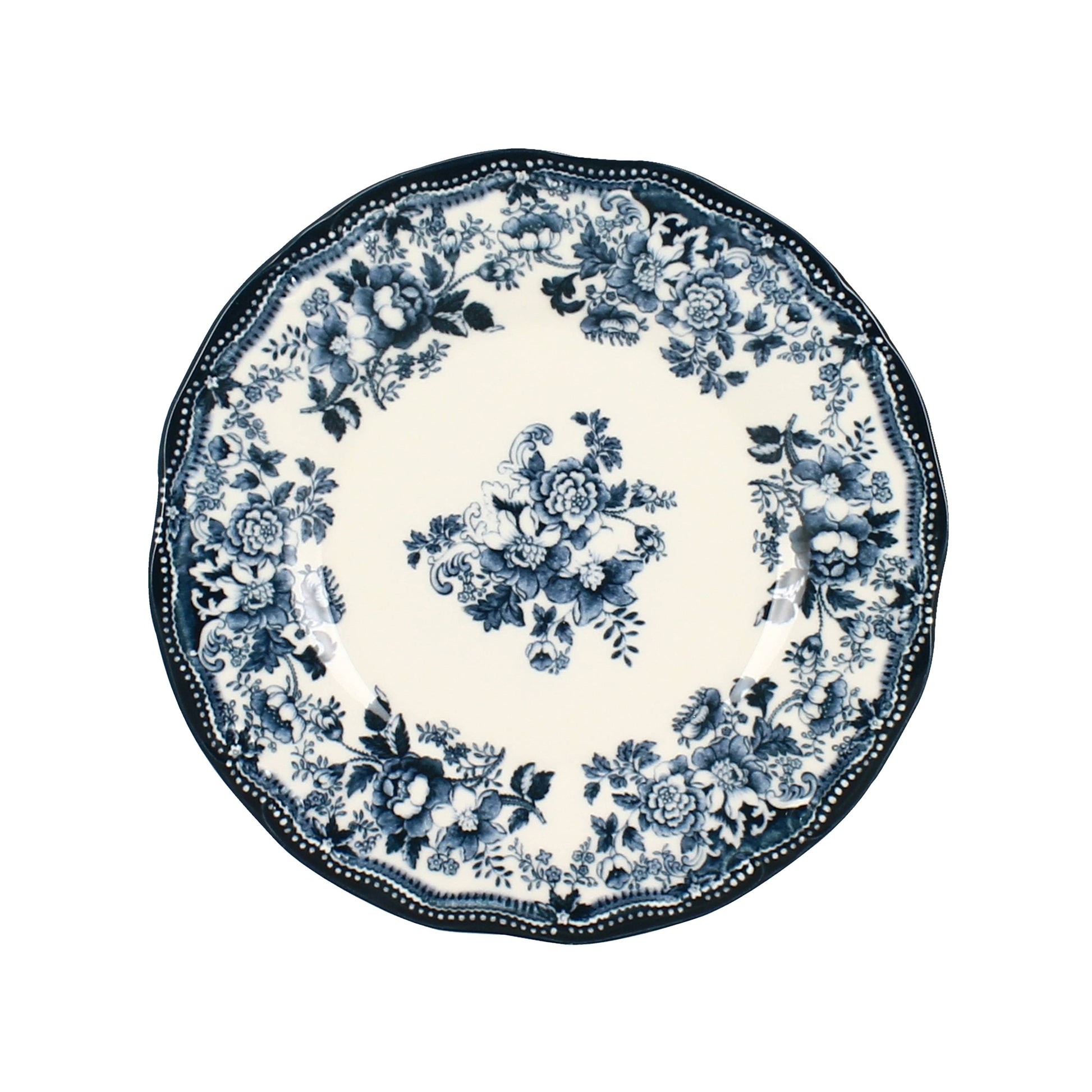 Assiette vintage fleurie bleue style campagne chic, décoration de table élégante Madame Beaumont.