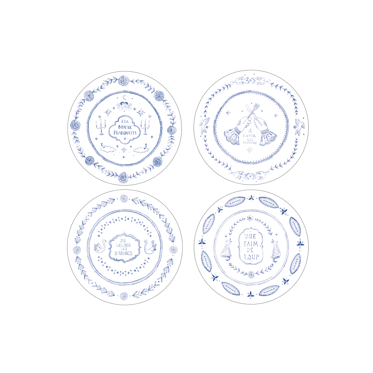 Set de quatre assiettes à dessert 19 cm illustrées d’expressions françaises en bleu.