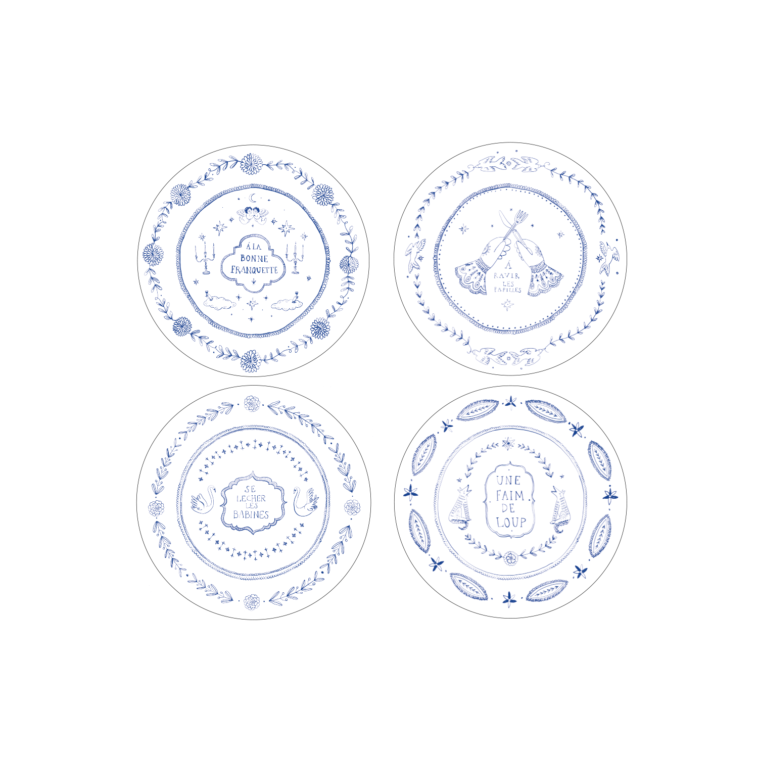 Set de quatre assiettes à dessert 19 cm illustrées d’expressions françaises en bleu.