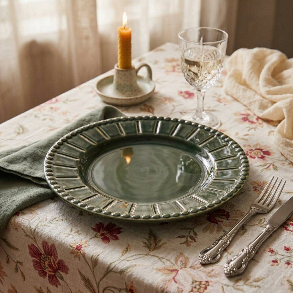 Lot de 4 assiettes à dessert en grès émaillé vert profond avec bord décoratif, diamètre 21,5 cm.