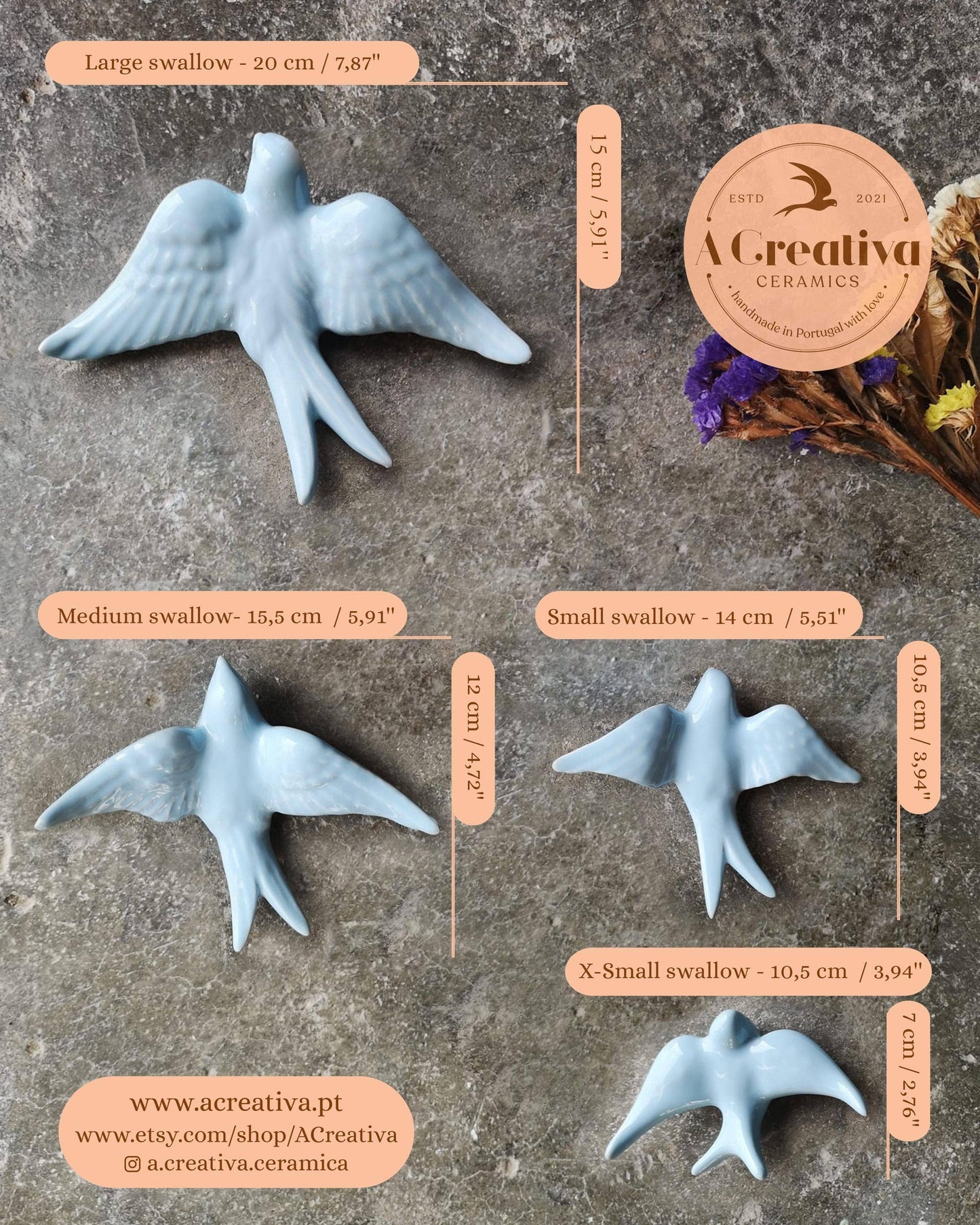 Lot de 3 hirondelles en céramique bleue Oriente portugaises