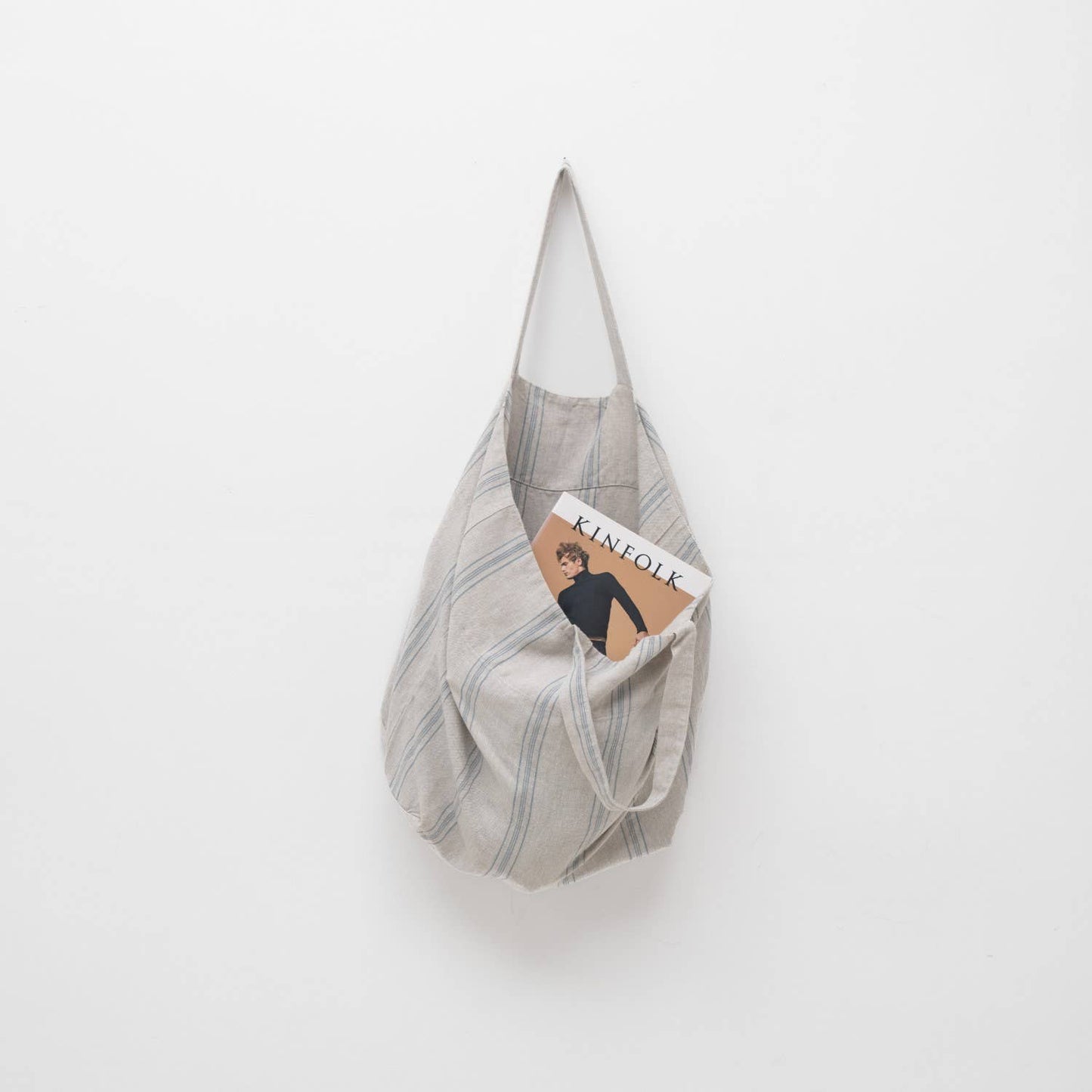 Sac Cabas XXL - En lin rustique à larges rayures bleu gris