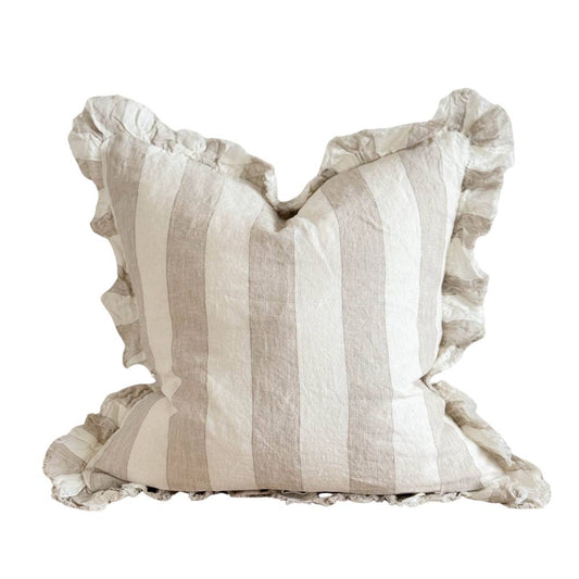 Housse de coussin en lin à larges rayures beige et crème | 53 × 53 cm