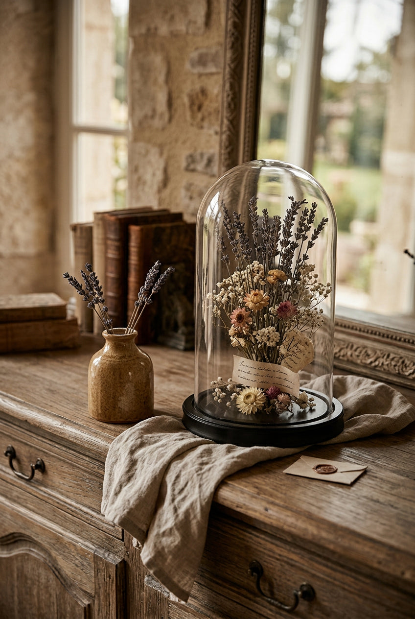 cloche en verre avec socle en bois noir, posé sur un buffet en bois style campagne, avec des fleurs à l'intérieur de la cloche