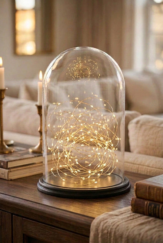 cloche en verre avec socle en bois noir, intérieur avecune guirlande led. Le tout posé sur un buffet derrière un canapé
