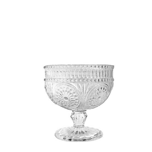 Coupe en verre gravé sur pied, motif floral vintage, style ancien élégant et raffiné Madame Beaumont.