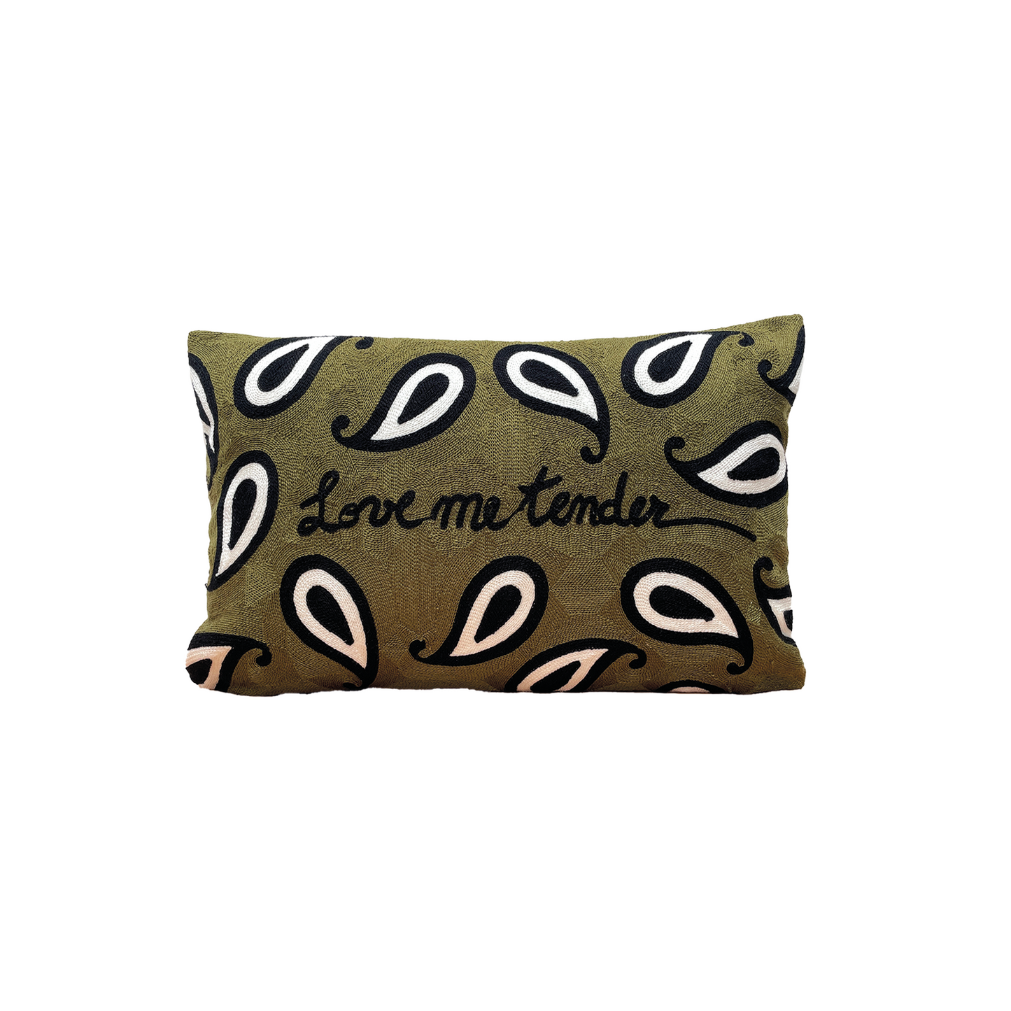 Coussin en toile naturelle brodée couleur kaki avec housse amovible.