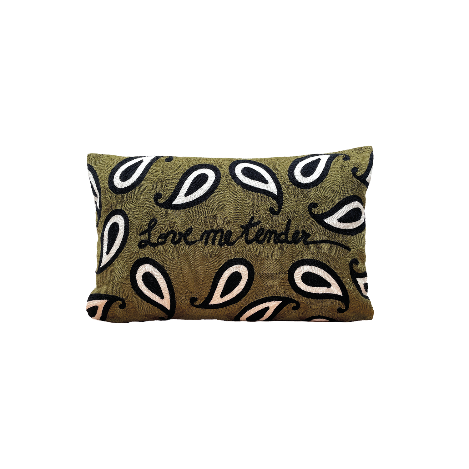 Coussin en toile naturelle brodée couleur kaki avec housse amovible.