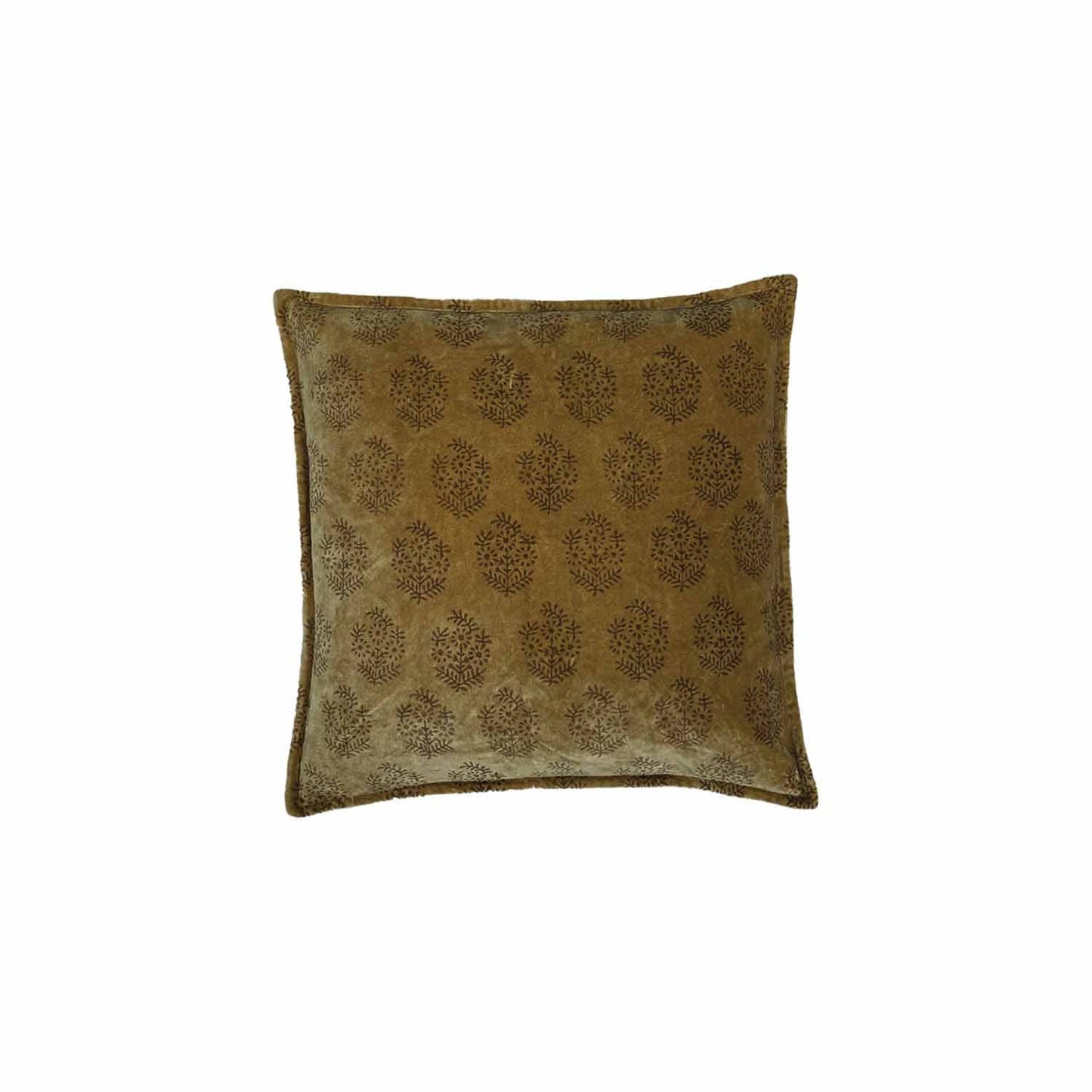 Coussin en velours beige avec imprimé indien, housse coton et garnissage polyester. OPJET