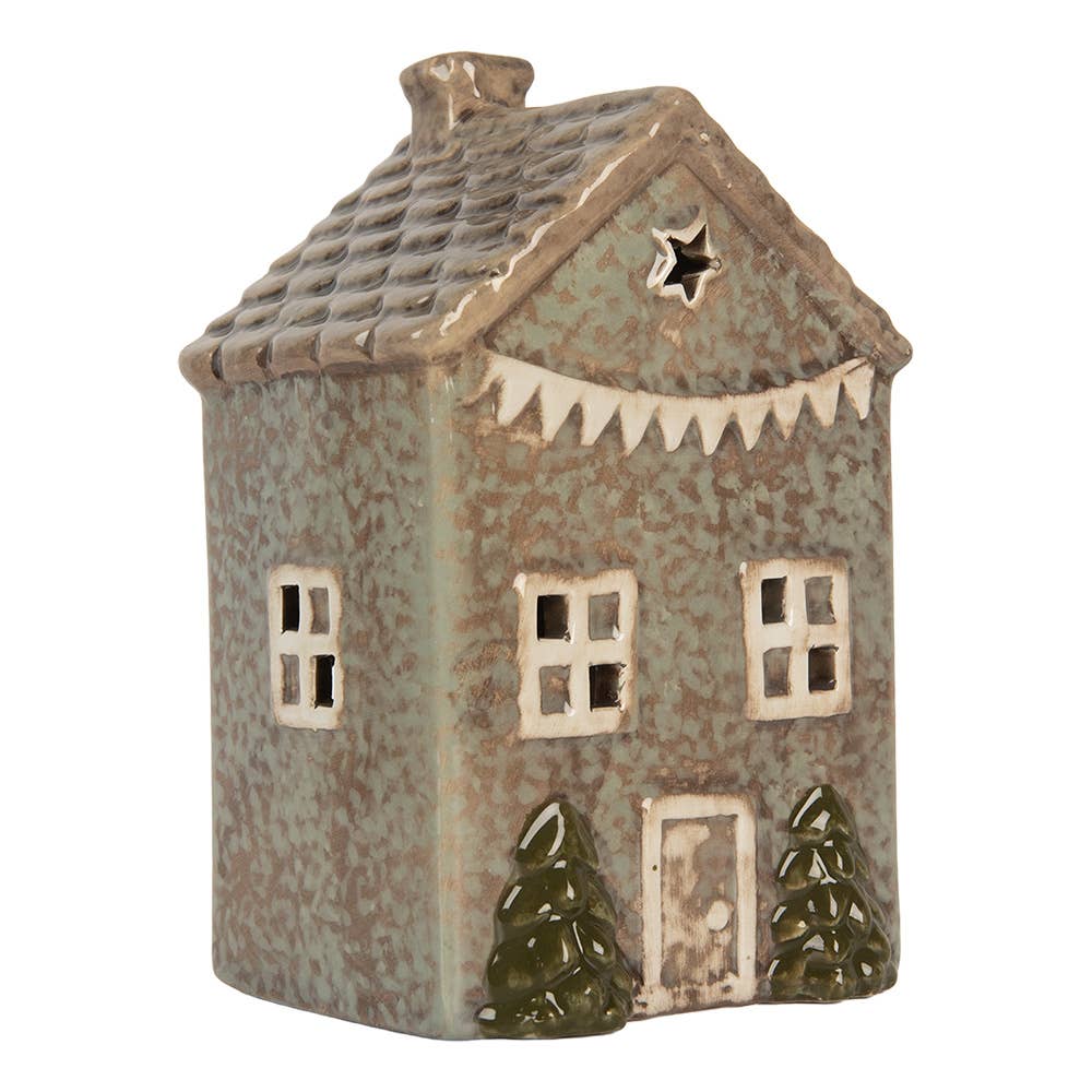 Photophore Maison en céramique verte – 15 cm