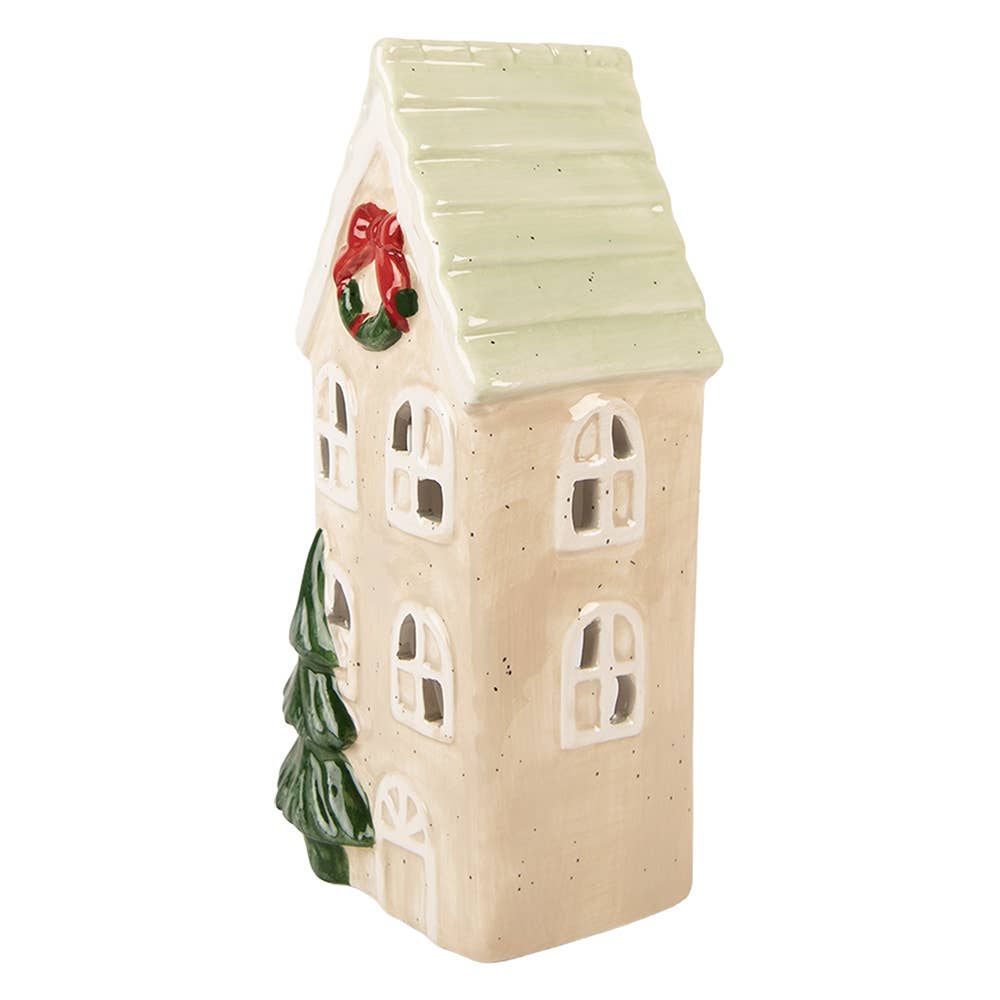 Photophore Maison de Nöel en céramique beige – 20 cm