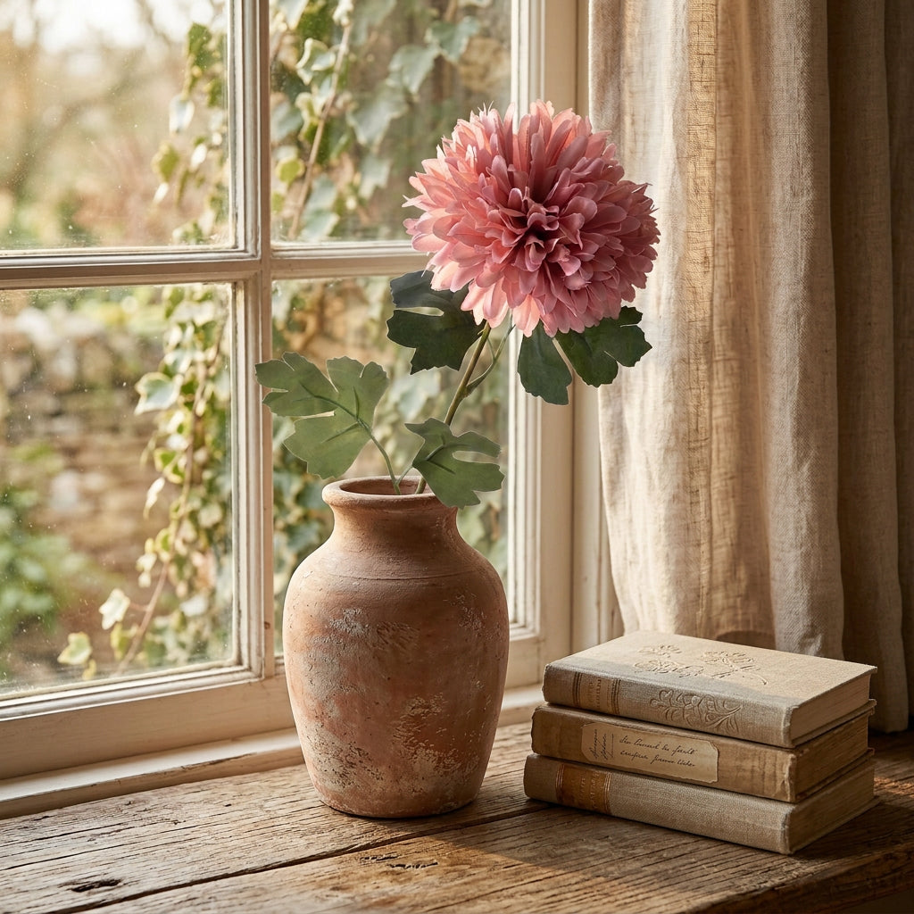 dahlia rose artificiel dans un pot en terre cuite au bord d'une fenêtre